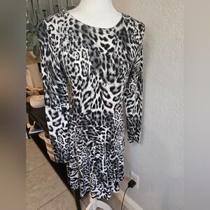 Michael Kors Women's Fremont Leopard Print Knit Dress Long Sleeve Fit Flare Xs